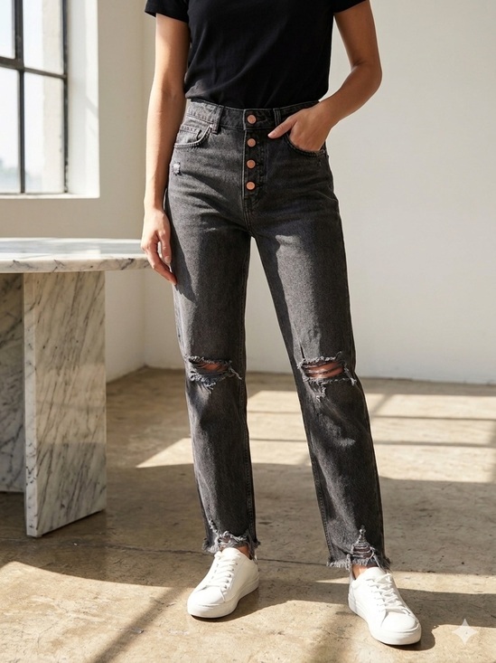 Zara Denim - ZARA Black Distressed High Rise Straight Denim Jeans Frayed Hem Pockets